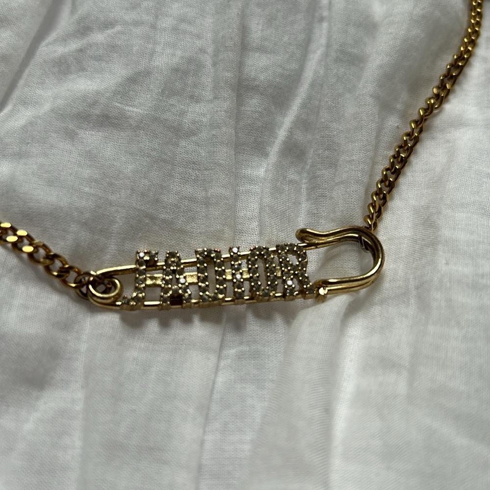 j’adior gold safety pin with silver rhinestone embellished choker necklace